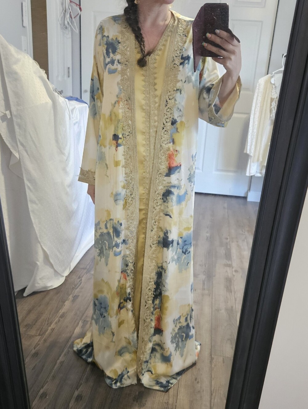 Long Floral Embroidered Caftan Robe - Gold and Blue